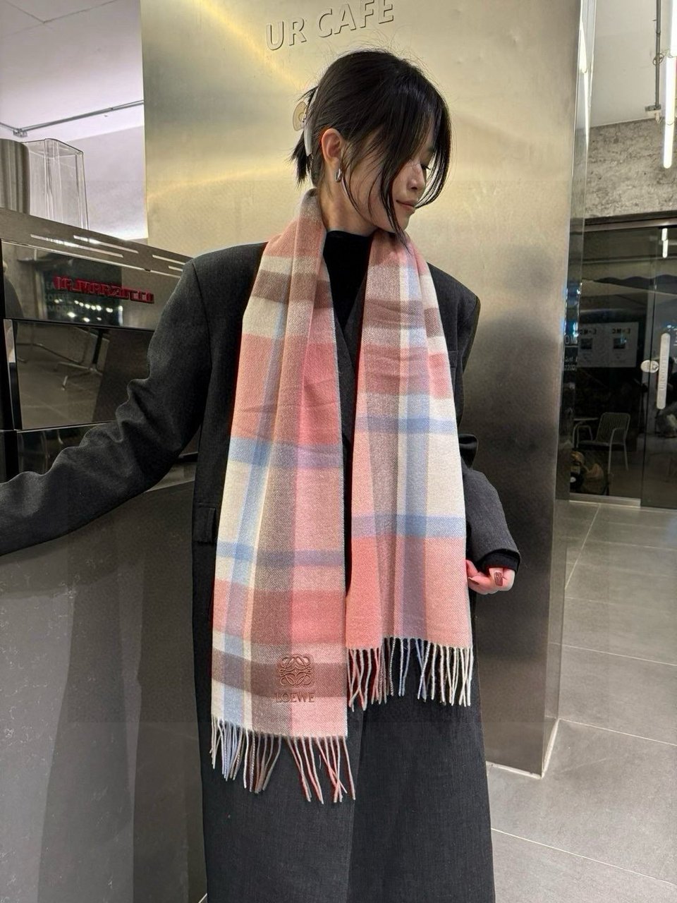 Loewe Wool Scarf Plaid Pink For Women 180cm view 6