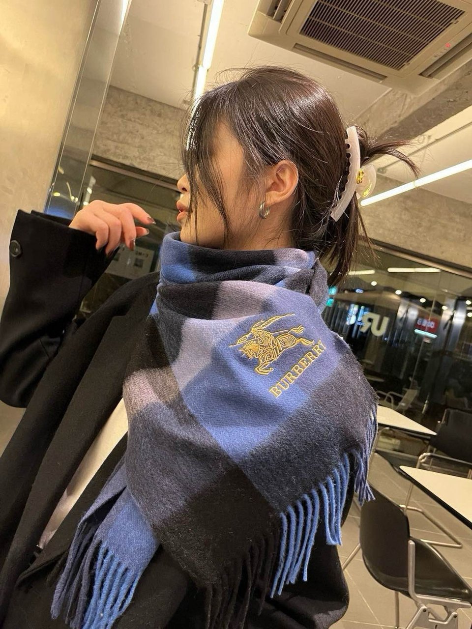 Burberry Cashmere Scarf Checkered Blue For Women 180cm view 3