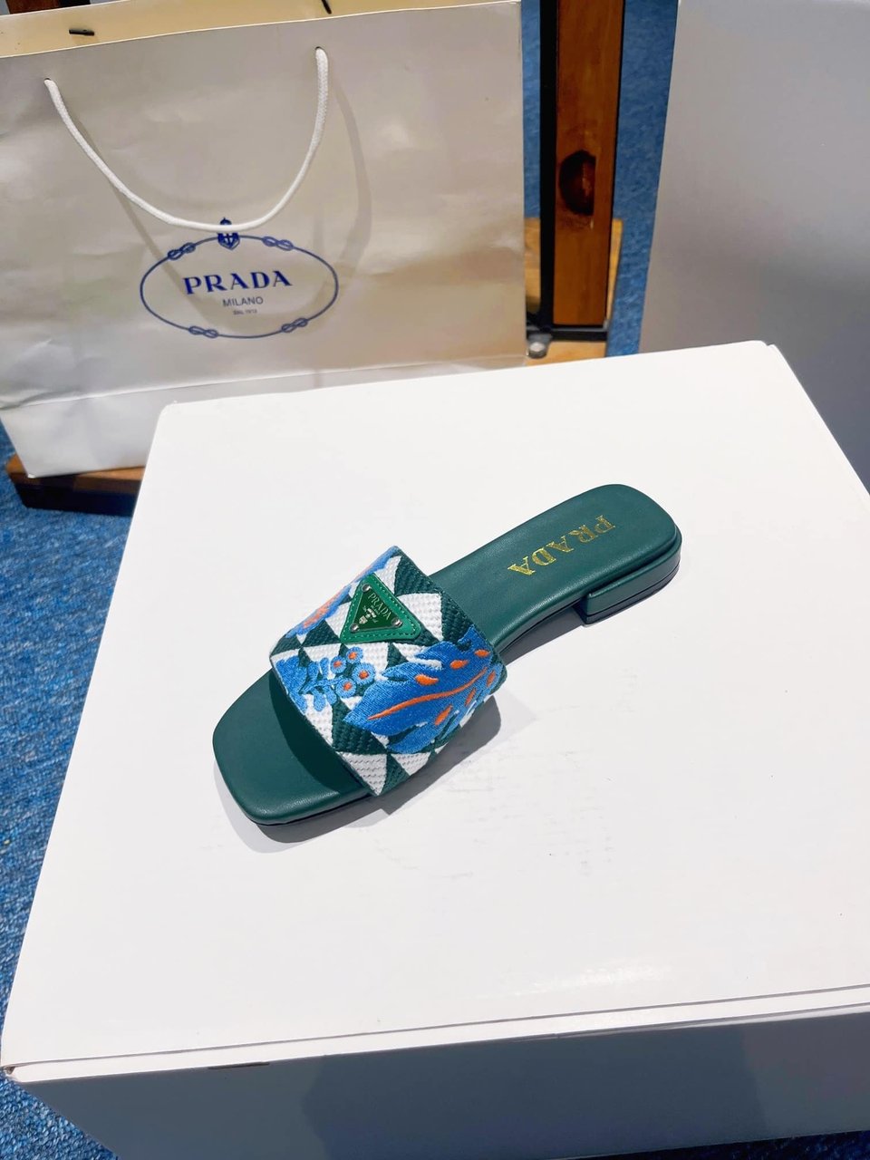 Prada Jacquard Logo Slides Green view 6