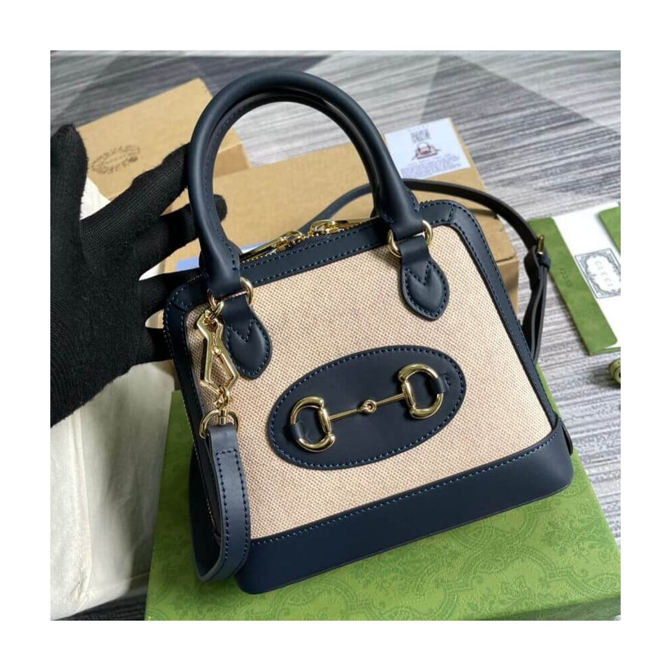 Gucci Horsebit 1955 Mini Top Handle Bag in Beige Canvas view 3
