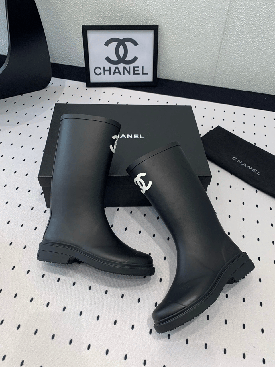 Chanel CC Logo Rain Boots Black Rubber Heel 47cm view 7