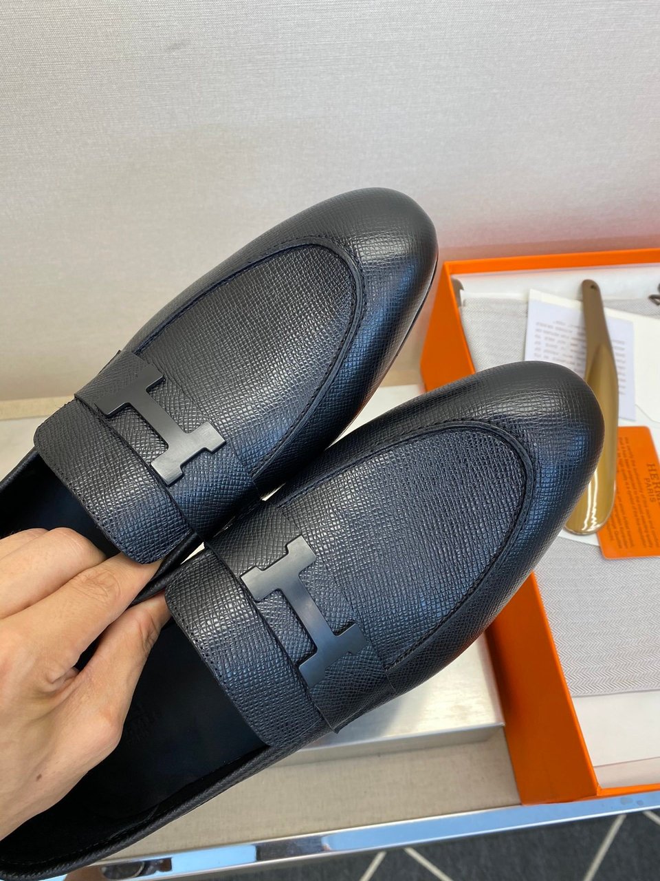 Hermès H-Buckle Polished Black Leather Loafers for Men view 11