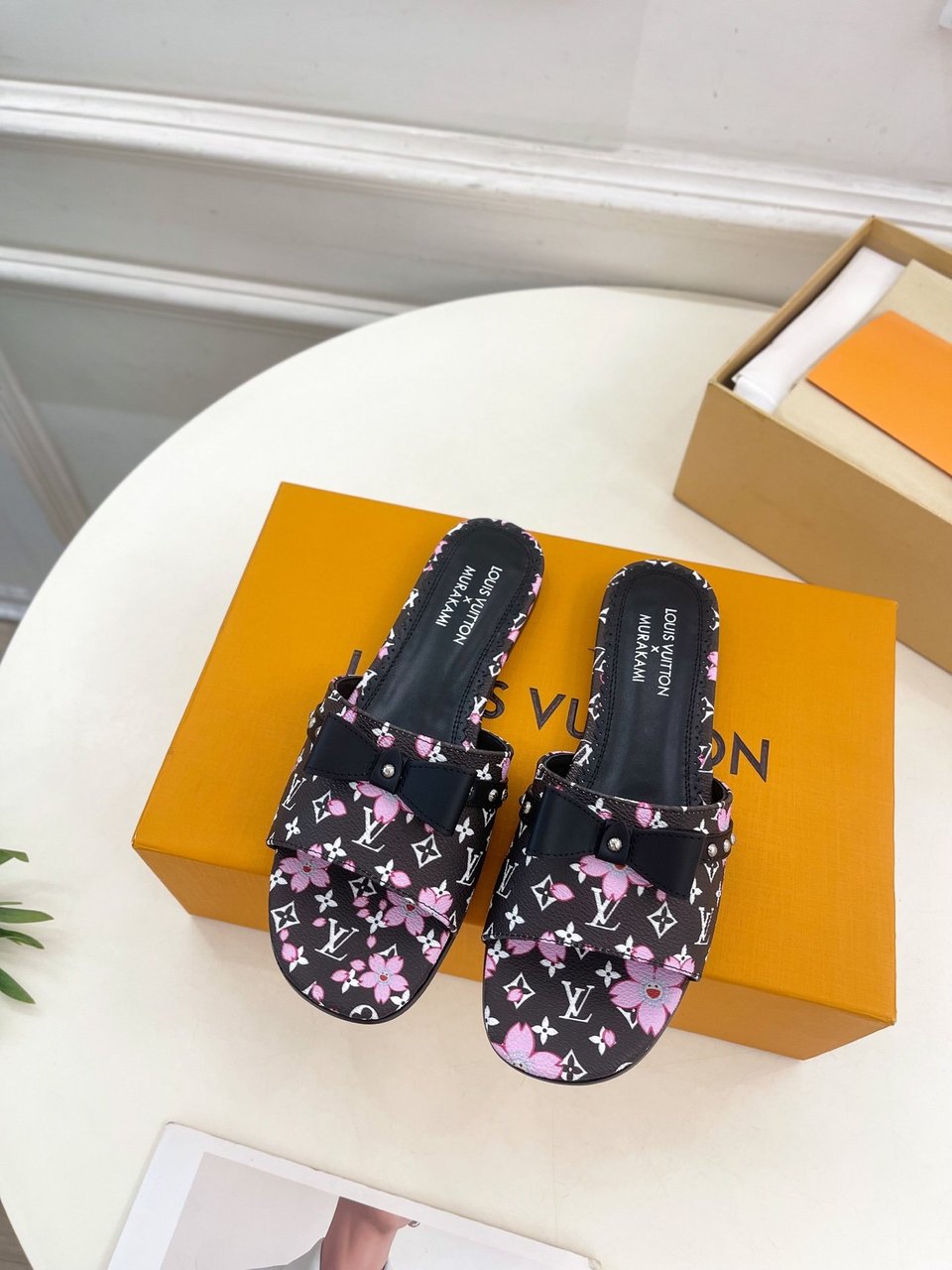 Louis Vuitton x Takashi Murakami Cherry Blossom Flat Slide Black Monogram with Bow view 3