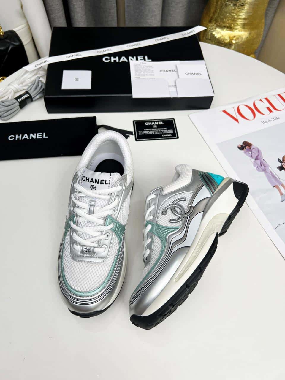 Chanel 23C Silver Metallic Cc Logo Lace Up Flat Runner Trainer Sneaker White Turquoise view 5