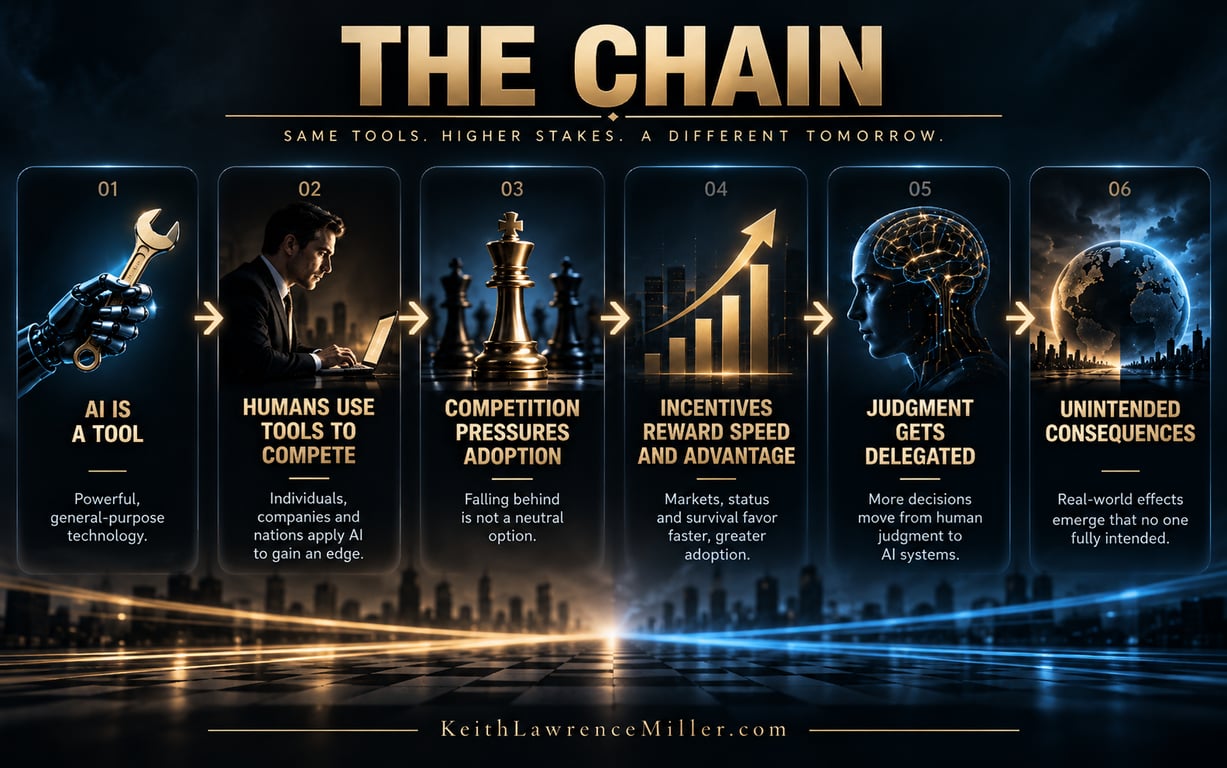The chain from AI as a tool through competition and incentives to unintended consequences