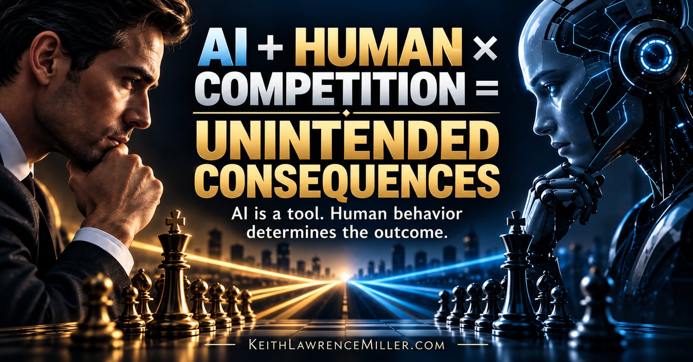 Human and AI facing each other across a chessboard as a metaphor for competition
