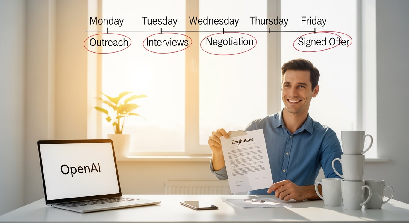 An OpenAI engineer shares her week-long hiring process, starting with outreach on Monday and ending with a signed offer on Friday.