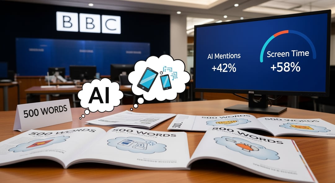 References to AI and screen time in BBC 500 Word articles rise.