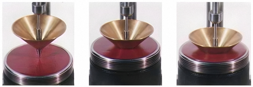 Three pictures showing a closeup of a Cone and Grease. The Cone Penetration Test is used to measure grease consistency.