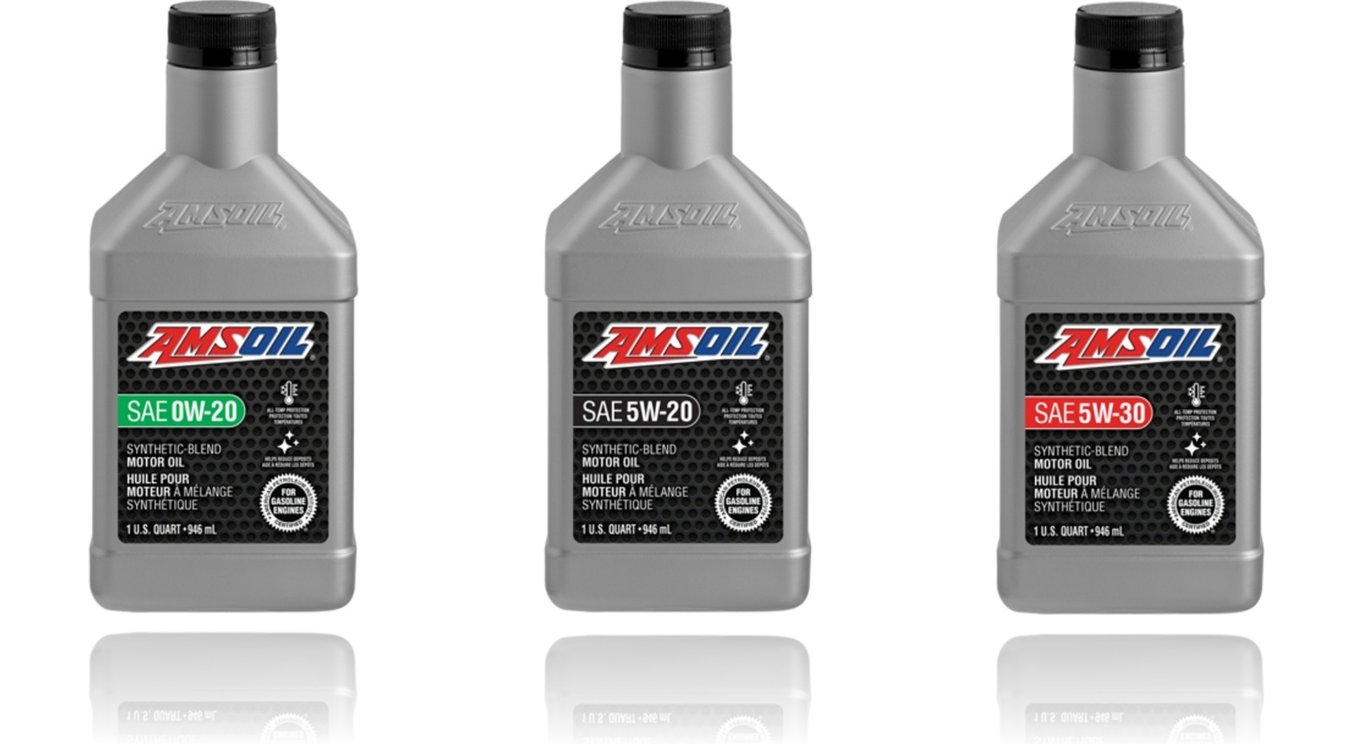 An image of three viscosity grades of our AMSOIL Synthetic Blend motor oil: SAE 0W-20, SAE 5W-20, and SAE 5W-30 gasoline engine oils.