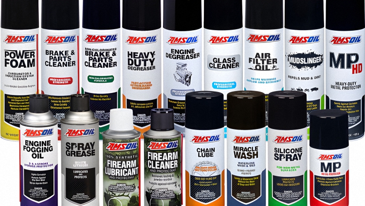 An image showing AMSOIL glass cleaner, mudslinger, engine degreaser, firearm lubricants, and many more AMSOIL aerosol products.