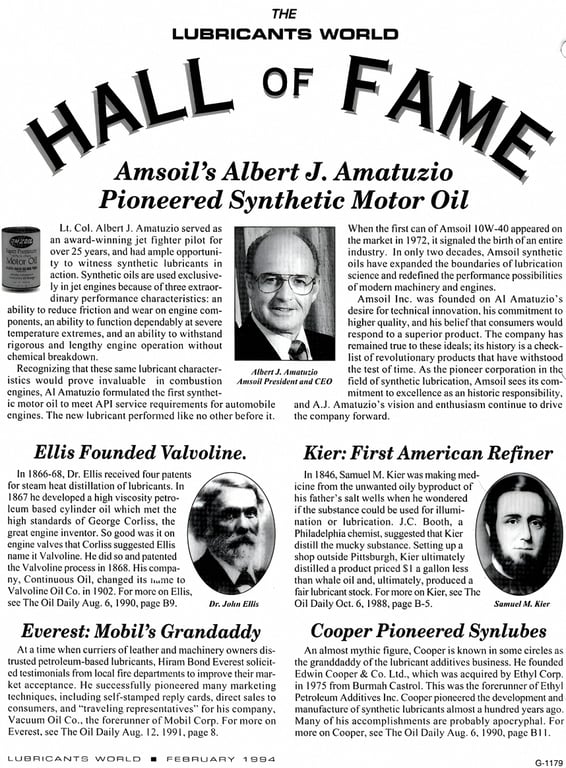 The Lubricants World Hall of Fame - AMSOIL's Albert J Amatuzio pioneered synthetic motor oil