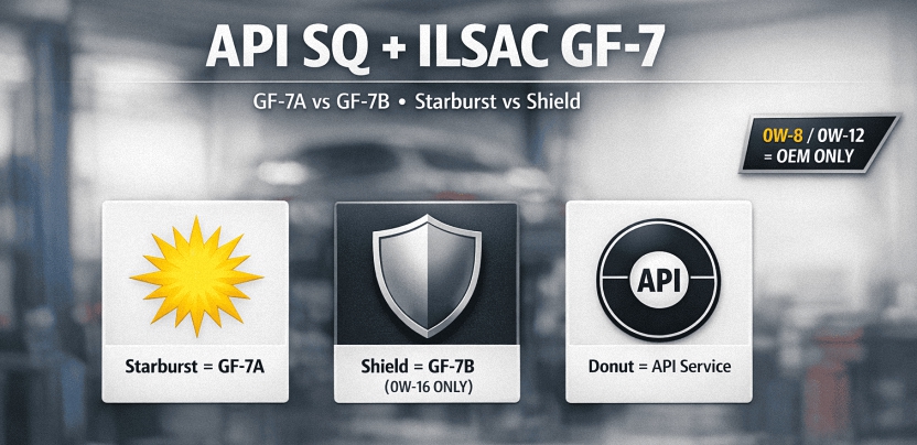 The American Petroleum Institute (API) Service Symbols and API Certification Marks: The API Starburst, API Shield (for 0W-16 grade), and the API Donut.
