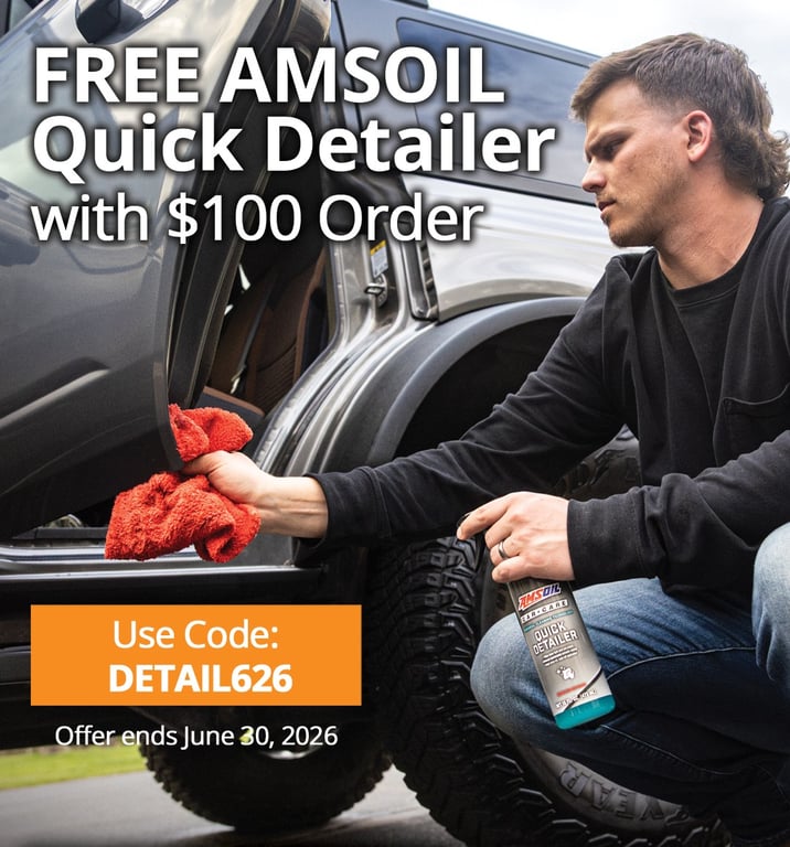 For a limited time, Preferred Customers and Catalog Customers can receive one free 16-oz. bottle of AMSOIL Quick Detailer for their car or truck with an order of $100 or more when they use promotional code DETAIL626 at checkout. AMSOIL Quick Detailer is specially formulated with a special combination of surfactants and powerful cleaning agents that lubricate both painted and plastic surfaces and help lift away light dust, dirt and debris. A simple spray-and-wipe application allows for a fast and effective detail between washes. This Special Promotion ends Tues, June 30, 2026, at midnight.