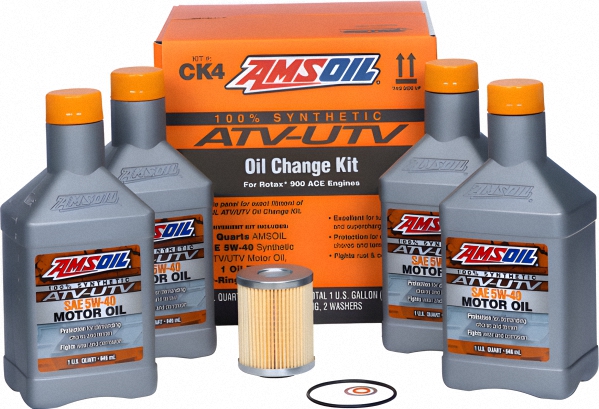 An image of our AMSOIL 100% full synthetic ATV & UTV Oil Change Kit which contains 4 quarts of ATV-UTV SAE 5W-40 Motor Oil, a WIX Oil Filter, 2 silicon oil filter seals and a drain plug crush washer.