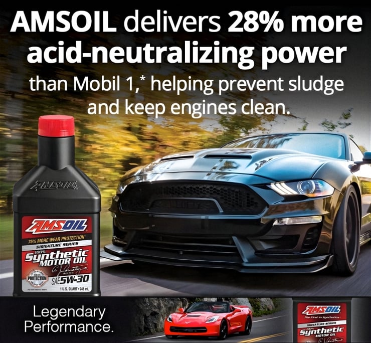 AMSOIL Signature Series premium full synthetic motor oil delivers 28% more acid-neutralizing power than Mobil 1 full synthetic motor oil, which helps to prevent sludge and keep engines clean. Legendary performance.