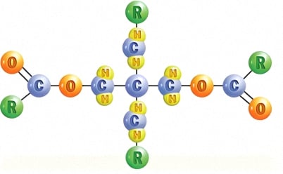 A model of a Polyol Ester molecule. Polyol esters have several excellent performance properties like thermal stability, super-high viscosity indexes and they are very fire resistant.