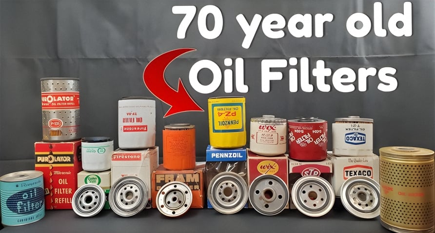 An image showing various seventy year old oil filters. From Purolator, Fram Pennzoil, Texaco, Firestone, Quaker State, STP, Wix, and Conoco.
