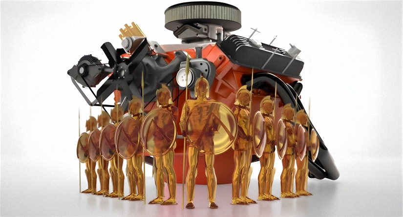 An image of motor oil Spartans soldiers encircling a red sport car engine. AMSOIL INC. is Devoted to Protection.