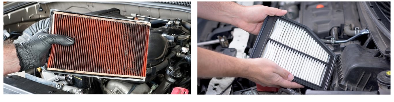 An image showing two different Engine Air Filters, a clean one and a dirty one. It is very important to replace your car's air filters on a regular basis or when dirty to protect your vehicle's engine and keep the motor oil clean.
