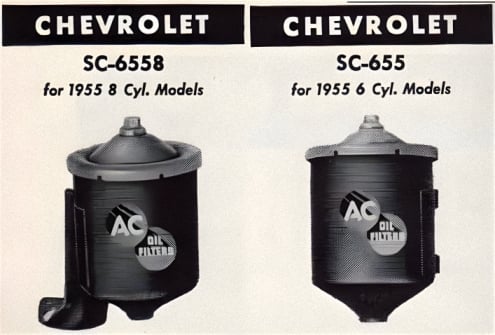 An image showing vintage motor oil filters, a SC-6558 for a 1955 8 Cylinder model Chevrolet car and a SC-655 for a 1955 6 Cylinder model Chevrolet car.