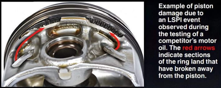 An image showing an example of piston damage due to an LSPI (low-speed pre-ignition) event. Our Extended Life Motor Oil protects against damage such as this.