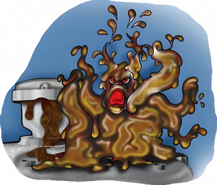 A funny cartoon image of a motor oil sludge monster on top of a car engine. Sludge inside an engine is formed by combustion by-products such as water and is detrimental to your engine and oil.