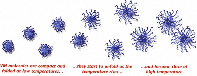 An illustration showing Viscosity Modifier (VM) polymers, also known as Viscosity Index Improvers (VII) molecules, contracting with a decrease in motor oil temperatures but then expending when the engine oil heats up.