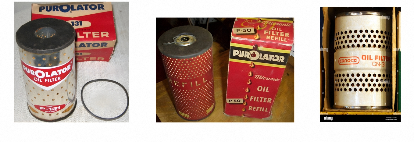 Three images showing vintage engine oil filters: an old Purolator P-131 oil filter, an old Purolator oil filter P-50 refill, and an vintage Conoco CN-3 Oil Filter.