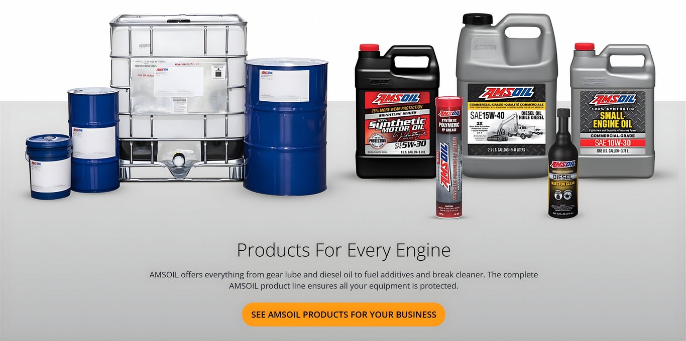 AMSOIL offers everything from synthetic gear lube, full synthetic grease, synthetic transmission fluid, synthetic gasoline and diesel motor oil, to fuel additives and break cleaner. The complete AMSOIL product line ensures that all your commercial equipment is fully protected.