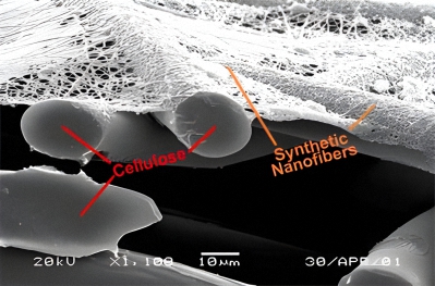 A close-up image showing the cellulose fiber of an AMSOIL by-pass oil filter covered by synthetic nanofibers. Ea® By-Pass Filters use a synthetic/cellulose sandwiched media. The inner layer of the element is composed of a highly efficient cellulose media covered with a full synthetic media outer layer.