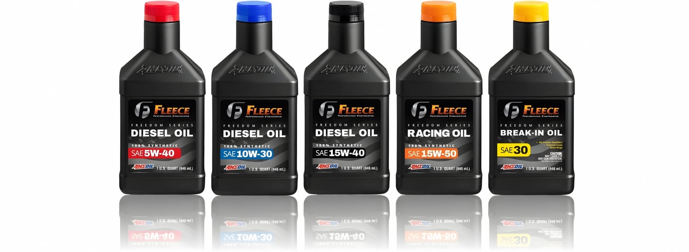 An image showing AMSOIL and Fleece's full lineup of Fleece Freedom Series products for use in high-performance and racing diesel engines. Three viscosity grades of 100% full synthetic diesel oil, one multi-grade full synthetic racing oil and a SAE 30 break-in oil.