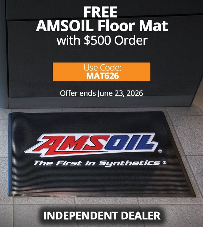 This month, for a limited time, commercial accounts receive a FREE AMSOIL floor mat with their order of $500 or more when they use code MAT626 at checkout. Sturdy 0.25″ thick polyvinyl mats are moisture and chemical resistant. The mat's dimensions are 3´x2´. This Promotional Offer ends Tuesday, June 23, 2026 at midnight.