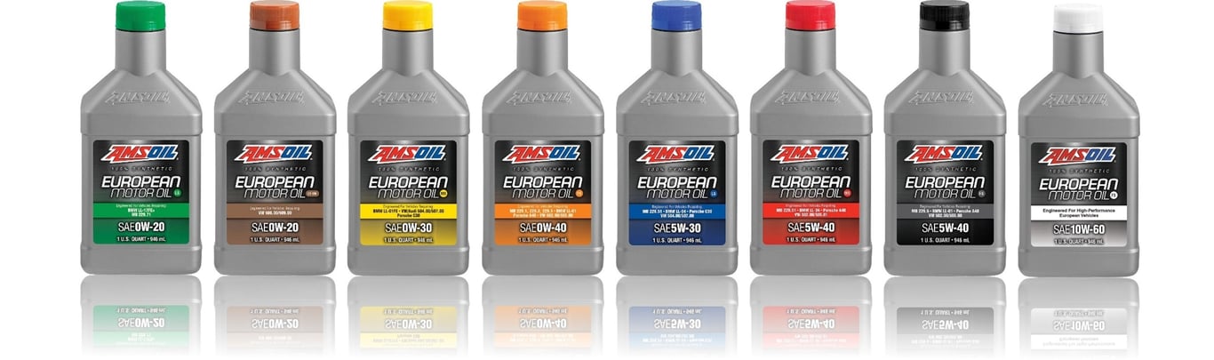 An image showing the complete lineup of our world-class premium 100% full synthetic AMSOIL European Motor Oil. Eight different viscosity grades, from SAE 0W-20 all the way up to SAE 10W-60, we have the correct viscosity for your precious European vehicle.