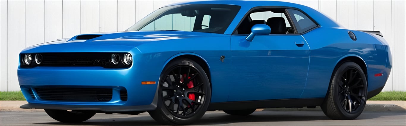 A picture of a bright blue Dodge Challenger SRT Hellcat. You can be confident that your expensive muscle car engine will be sufficiently protected when using AMSOIL full synthetic extended-life motor oil.