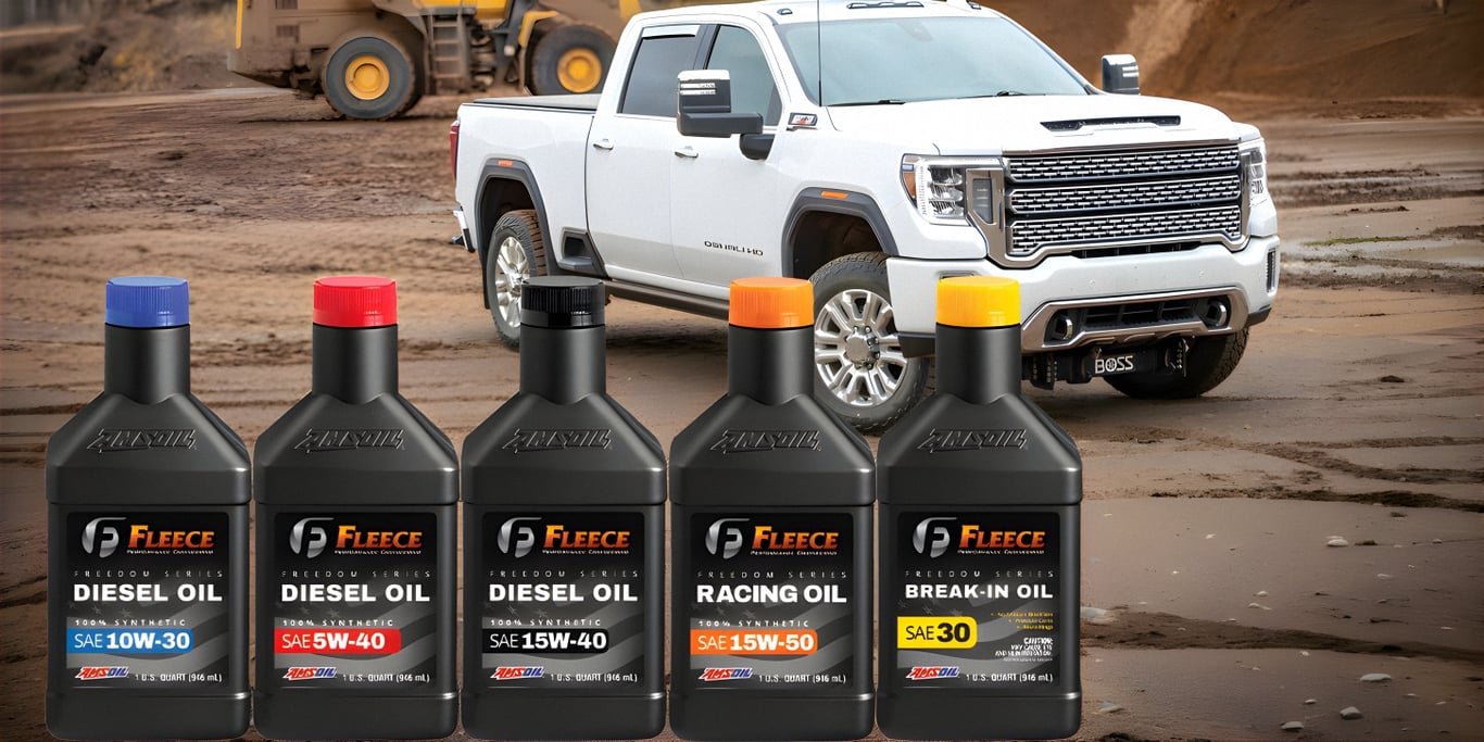 A image showing a heavy-duty pickup truck and the full lineup of our top-tier AMSOIL Fleece Freedom Series diesel oil, racing oil, and break-in oil from a partnership between AMSOIL and Fleece Performance Engineering.