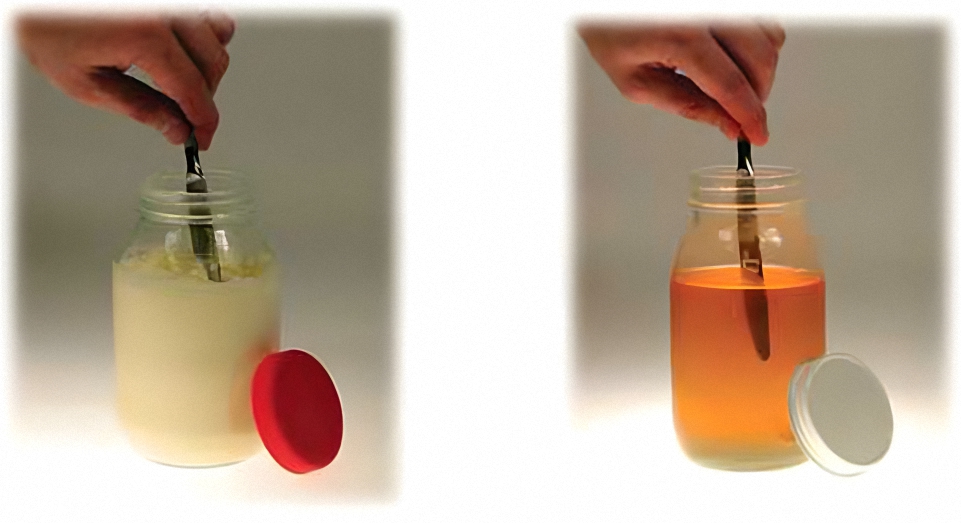 An image of a jar of Mayonnaise, a non-Newtonian fluid, and a jar of Honey, a Newtonian fluid, being stirred with a knife.