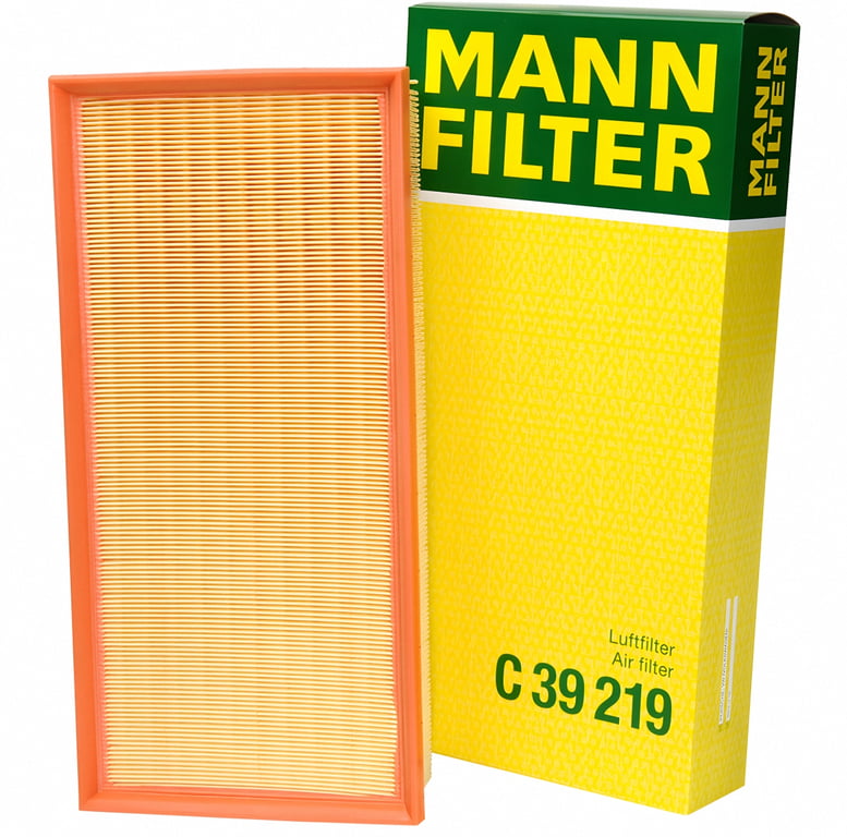 A picture of a rectangular, flat MANN-FILTER Engine Air Filter from one of AMSOIL's air filter partner. Fits several different vehicles.