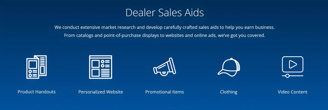 Dealer Sales Aids: AMSOIL product handouts, personalized website, promotional items, clothing, video content.
