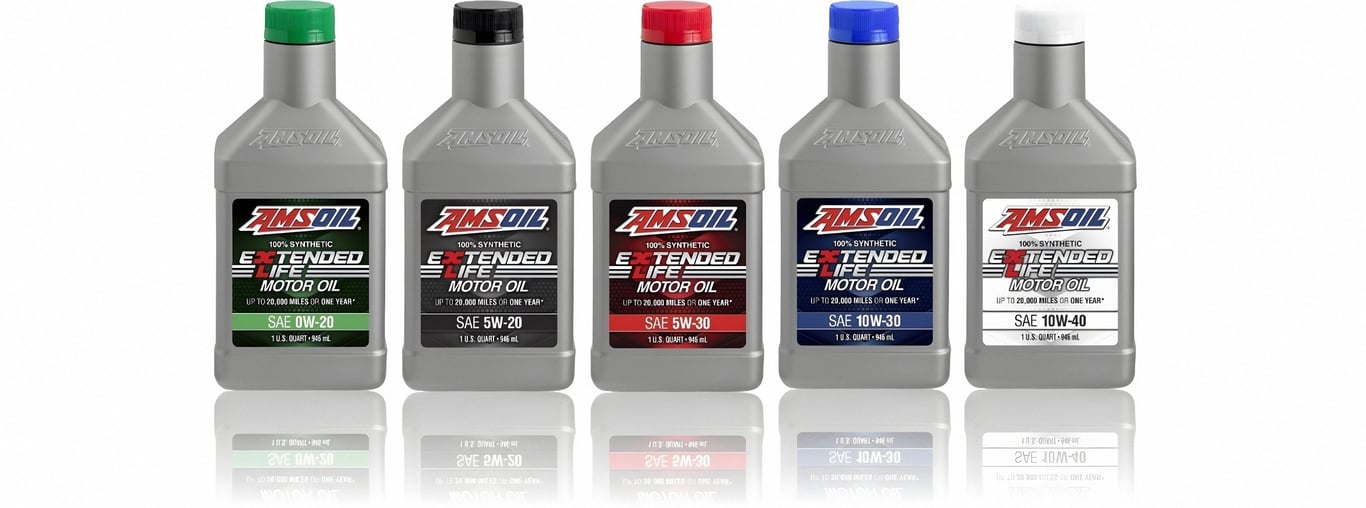 An image showing our complete lineup of AMSOIL Extended Life (XL series) premium full synthetic motor oil. The available viscosity grades are: SAE 0W-20, 5W-20, 5W-30, 10W-30, and SAE 10W-40. Protect your gasoline powered vehicles with Extended Life engine oil.