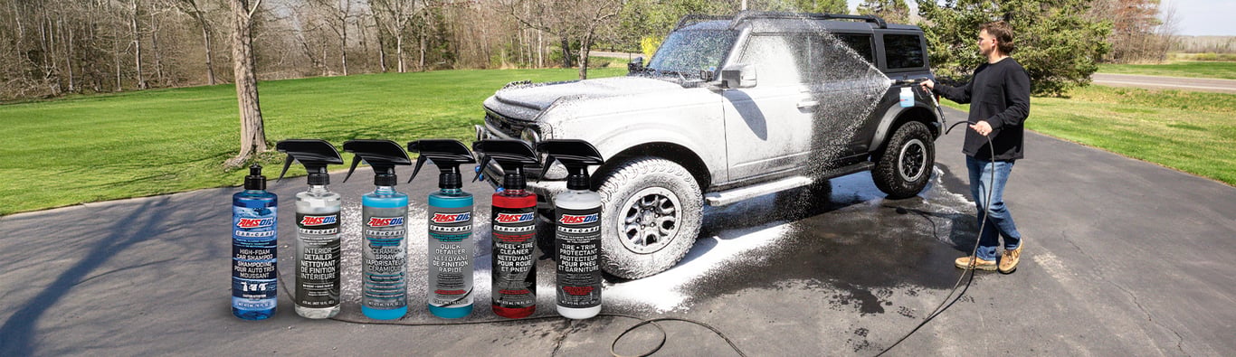 Complete line of AMSOIL car care products: car shampoo, detailer, ceramic spray, and wheel & tire protectant spray.