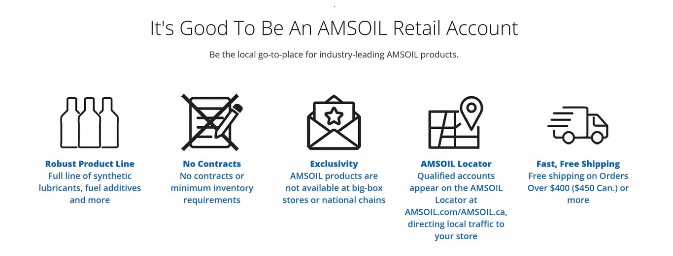 It's very good to be an AMSOIL Retail Account as you can be the local go-to place for our industry-leading AMSOIL products. No contracts or minimum purchase or inventory requirements. Your business can also appear on the AMSOIL Locator. Free Shipping is available.