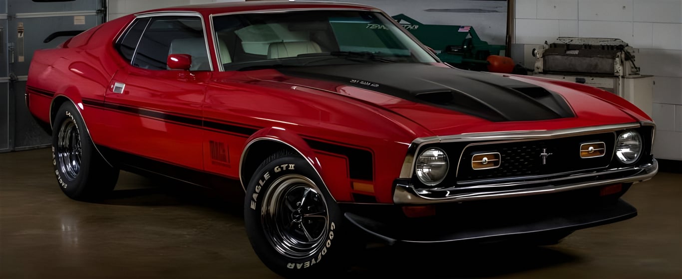 An image of a beautiful bright red and black Ford Mustang muscle car. AMSOIL Extended Life motor oil is a great choice to use in all your high-performance car engines. A motor oil you can depend on for extended drain intervals.