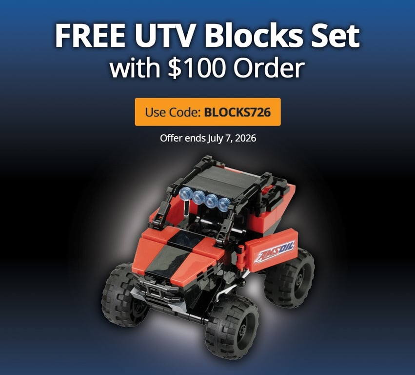 For a limited time, Preferred Customers and Catalog Customers can receive a Free AMSOIL UTV Blocks Set with their order of $100 or more when they use promotional code BLOCKS726 at checkout. This Special Promotional Offer ends Tuesday, July 07, 2026, at midnight.