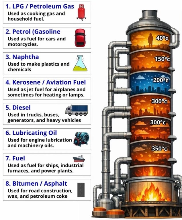 An image that shows all the many various products the originate from crude petroleum (mineral) oil.