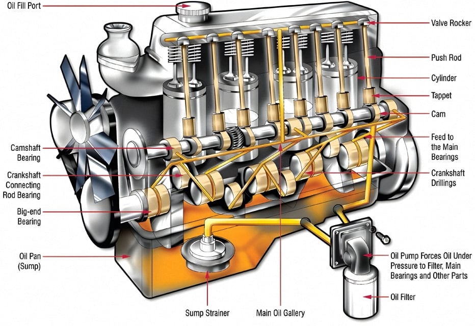 An image showing the motor oil circulation path through an engine. Starting in the oil sump or pan, through the strainer and oil filter, through the various oil passageways.