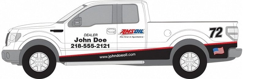 An AMSOIL Dealer's vehicle with AMSOIL decals and the Independent AMSOIL Dealer's personal info.