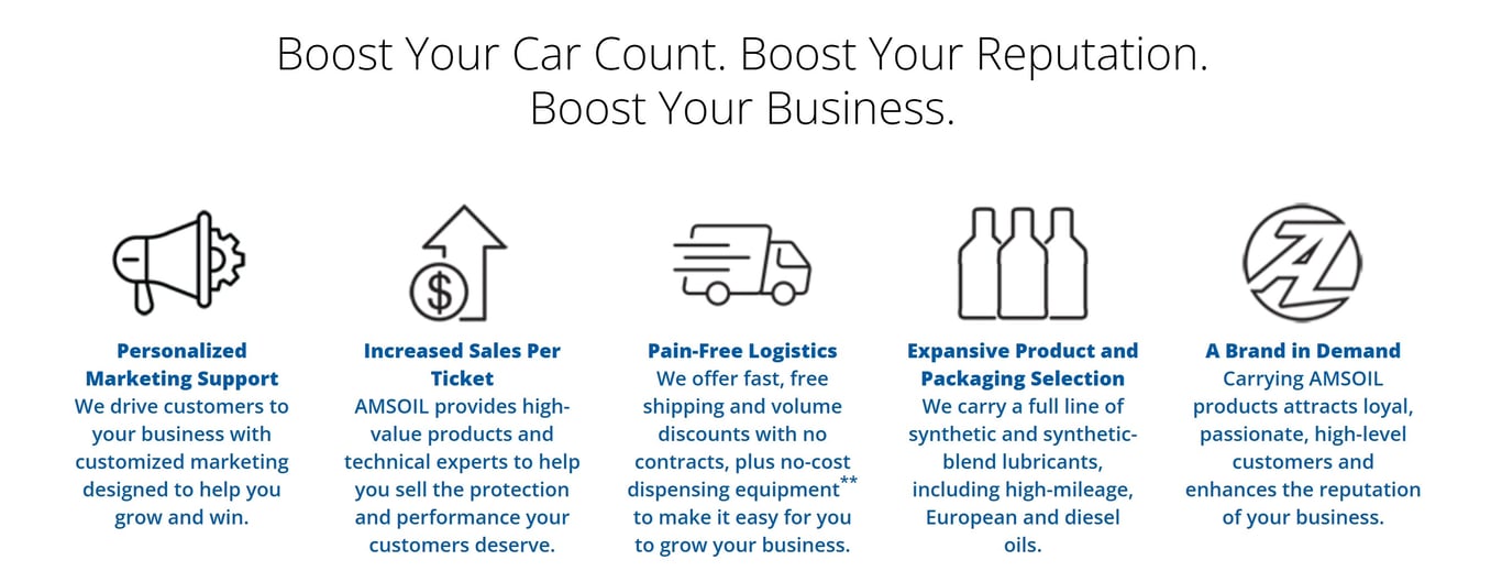 Boost your car count and sales, boost your business, and boost your shop's reputation with an AMSOIL Installer or Retail Account. We provide personalized marketing support and pain-free logistics.