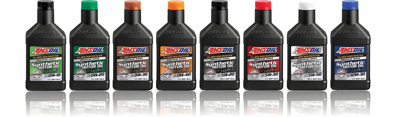 An image showing the full line of AMSOIL Signature Series Motor Oil. The available viscosity grades are: SAE 0W-16, 0W-20, 0W-30, 0W-40, 5W-20, 5W-30, 5W-50, and SAE 10W-30. Choose only the very best for your car or truck, choose our world-class Signature Series Motor Oil.