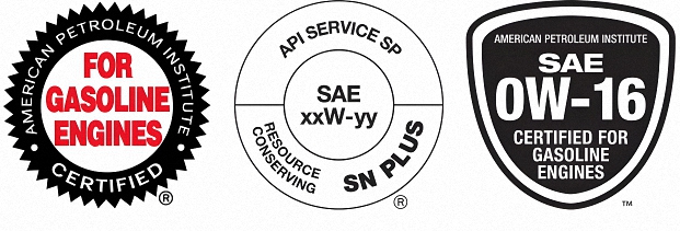 An image showing the American Petroleum Institute (API) Certification Mark, also known as the "Starburst", the API Service Symbol "Donut", and the new API SAE 0W-16 Service Symbol and Quality Mark.